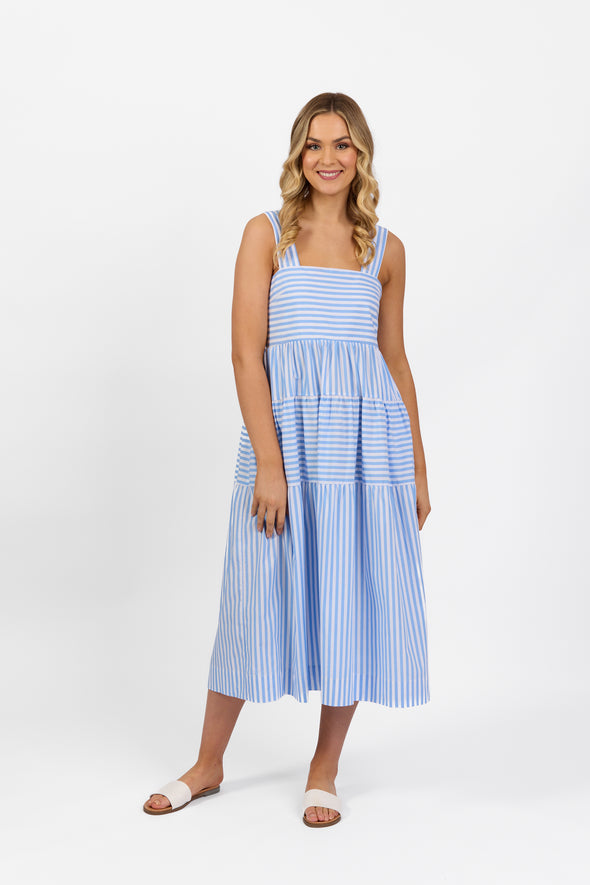 Sleeveless Tiered Dress with Wide Straps - Blue Stripe