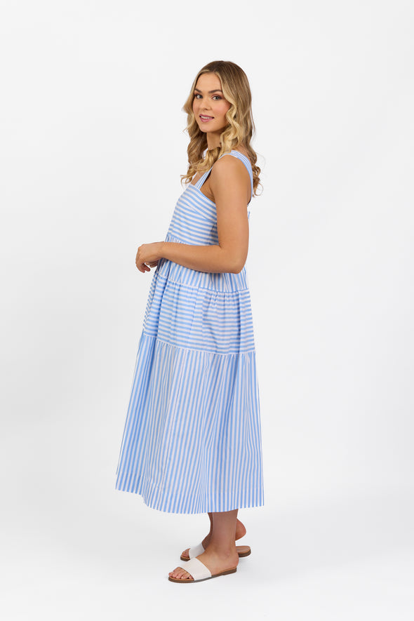 Sleeveless Tiered Dress with Wide Straps - Blue Stripe