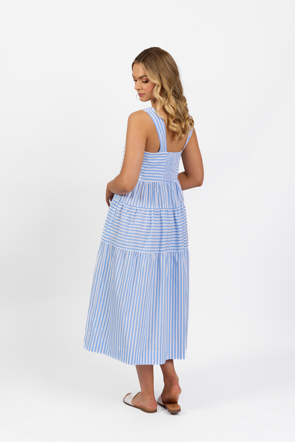 Sleeveless Tiered Dress with Wide Straps - Blue Stripe