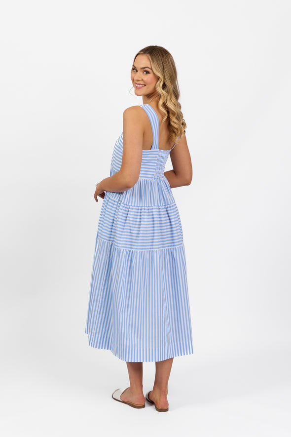 Sleeveless Tiered Dress with Wide Straps - Blue Stripe