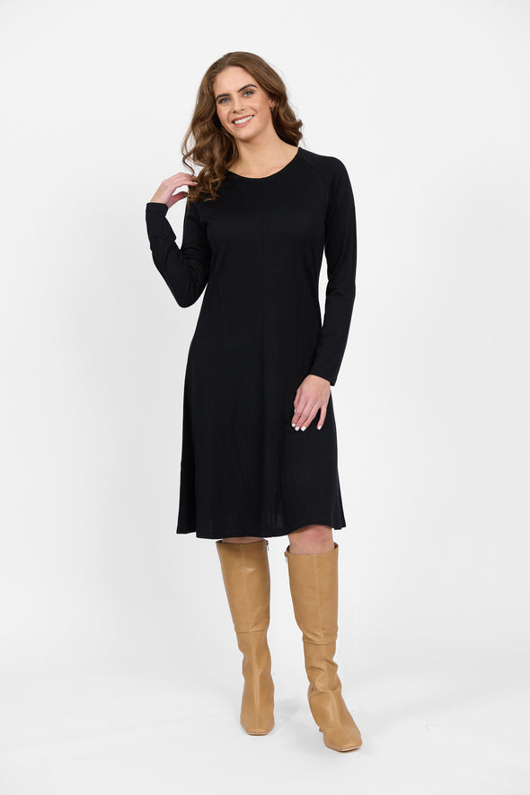 Merino L/S Swing Dress-Black