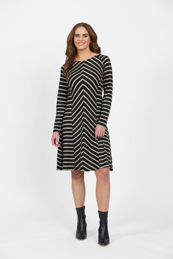 Merino L/S Swing Dress-Twig Stripe