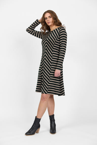 Merino L/S Swing Dress-Twig Stripe