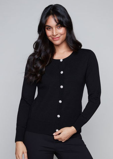 Crystal Button Cardi-Black