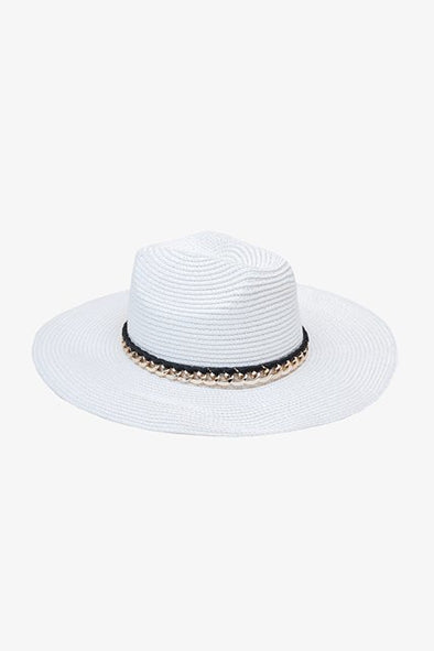 white & gold chain Fedora