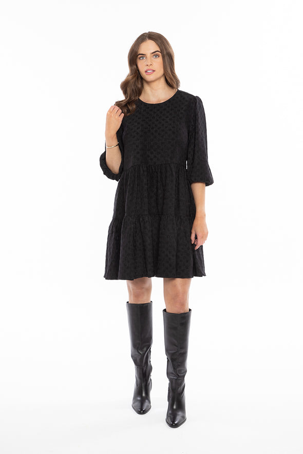 Amy Smock Dress - Black Crinkle Spot