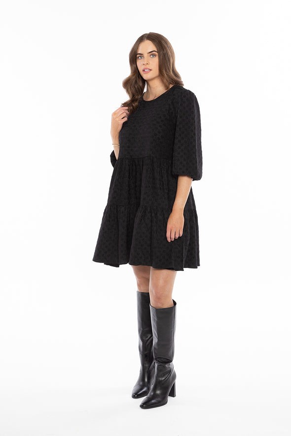 Amy Smock Dress - Black Crinkle Spot