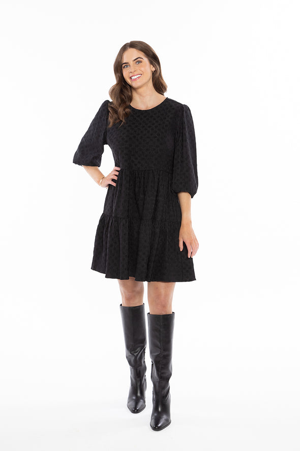 Amy Smock Dress - Black Crinkle Spot