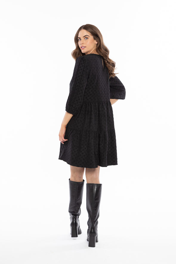 Amy Smock Dress - Black Crinkle Spot