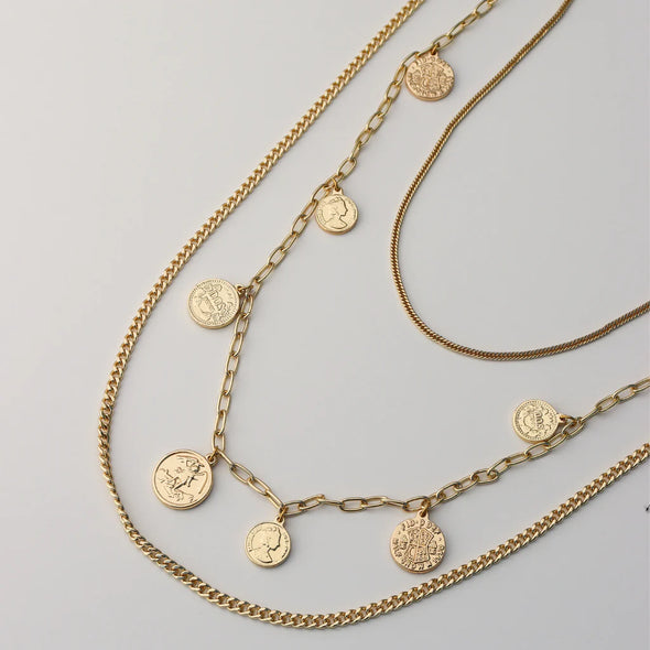 Steel Me Long Layered Coin Yellow Gold Necklace